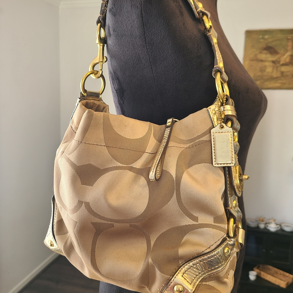 Coach Gold/Tan Monogram Signature Canvas Shoulder Bag with Gold Accents